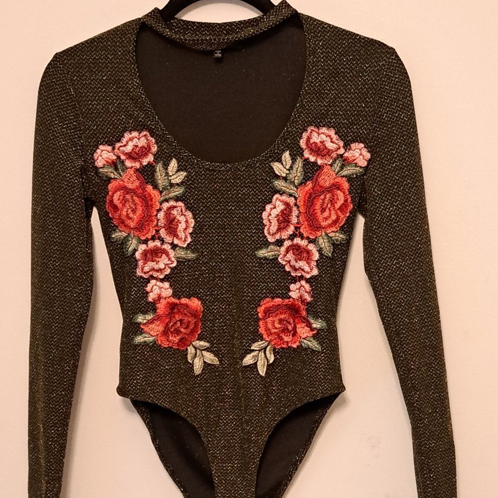 Love J Bronze Metallic Floral Long Sleeve Bodysuit Size Small